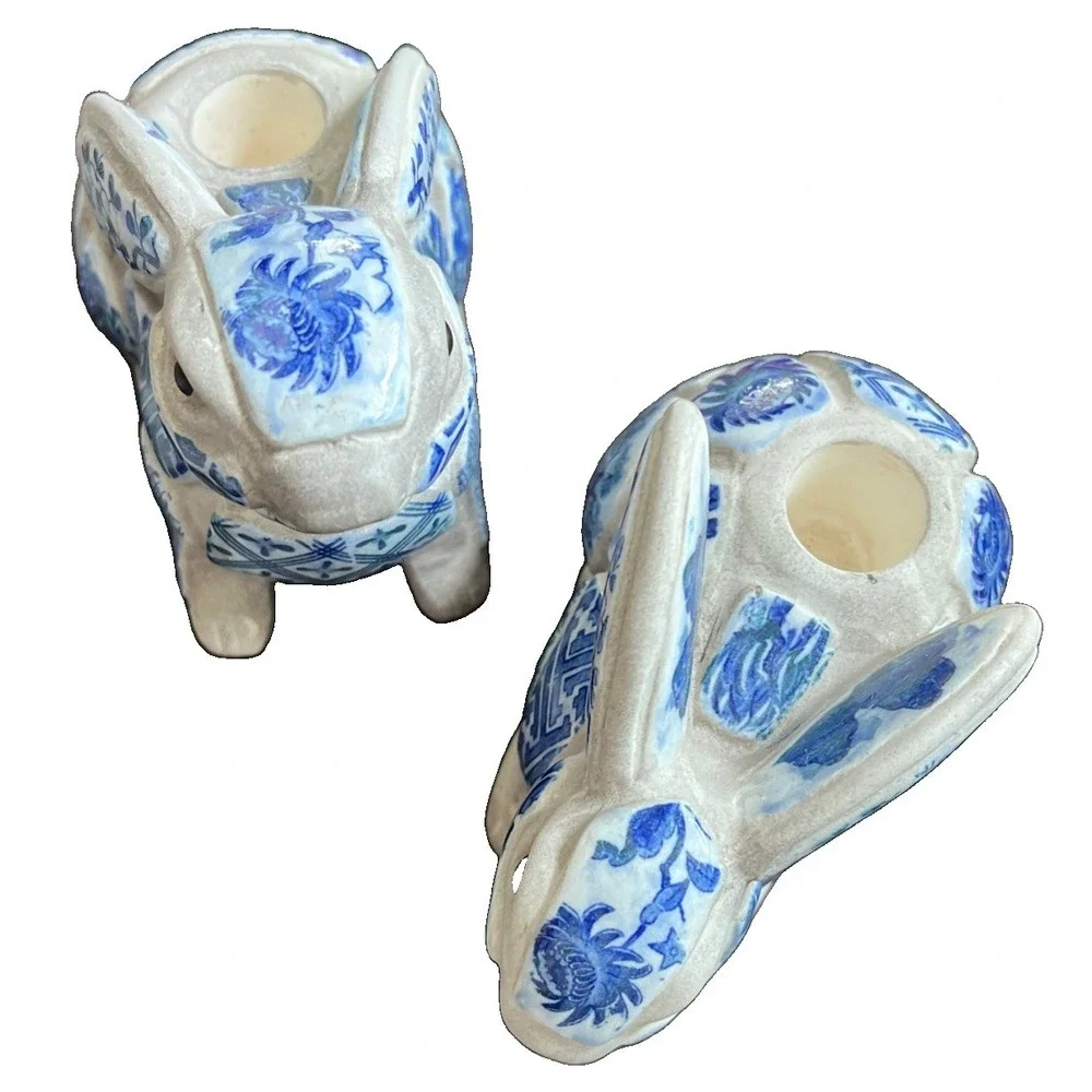 Nancy Lopez Vintage Blue Mosaic Rabbit/ Bunny Candleholder Set 1980 EUC